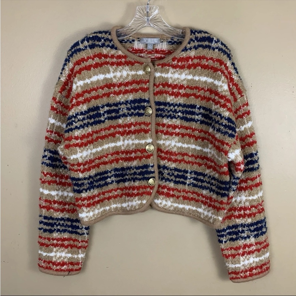 J Crew Lady Jacket Womens M Striped Bouclé Yarn Cropped Gold Button Cardigan NWT